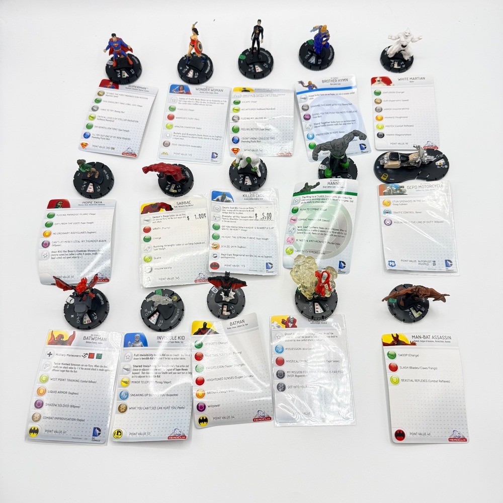 Heroclix DC Comics Uncommon, Super Rare, Unique Mixed Lot of 15 with Cards Lot B